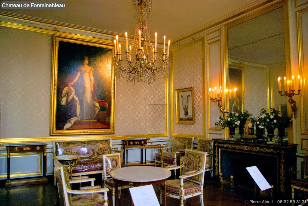 Une photo d'une élégante salle du Château de Fontainebleau. La pièce est ornée d'un lustre en cristal, de murs avec des motifs géométriques subtils et de panneaux dorés. Un grand tableau est accroché sur un mur et une cheminée en marbre avec un miroir au-dessus est décorée de bouquets de fleurs. Le mobilier comprend des chaises et des tables de style Louis XVI avec des ornements dorés et des tissus à motifs. Des panneaux d'information sont placés dans la pièce, indiquant probablement des explications sur les objets ou l'histoire de la salle.