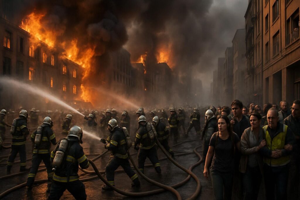 un incendie majeur mobilise des centaines de pompiers qui luttent contre des flammes dévastatrices, tandis que des résidents sont évacués pour leur sécurité.