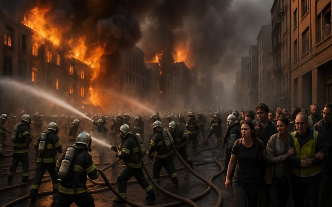 un incendie majeur mobilise des centaines de pompiers qui luttent contre des flammes dévastatrices, tandis que des résidents sont évacués pour leur sécurité.