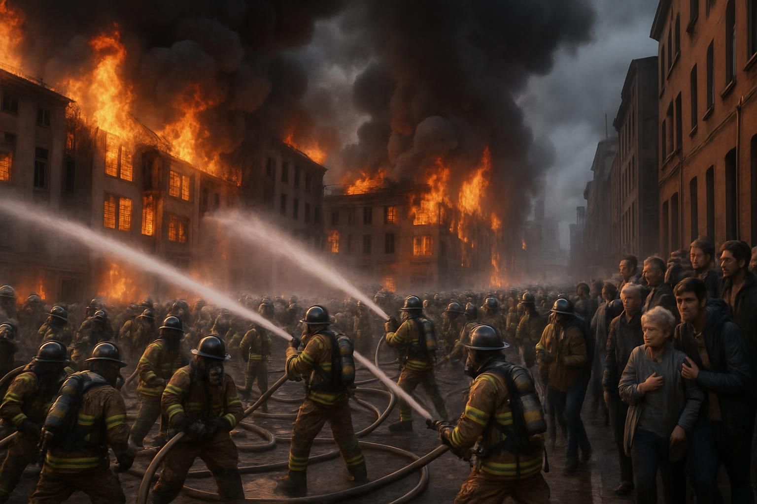 un incendie majeur mobilise des centaines de pompiers qui luttent activement contre les flammes dévastatrices, tandis que les résidents sont évacués en toute sécurité pour protéger leurs vies.