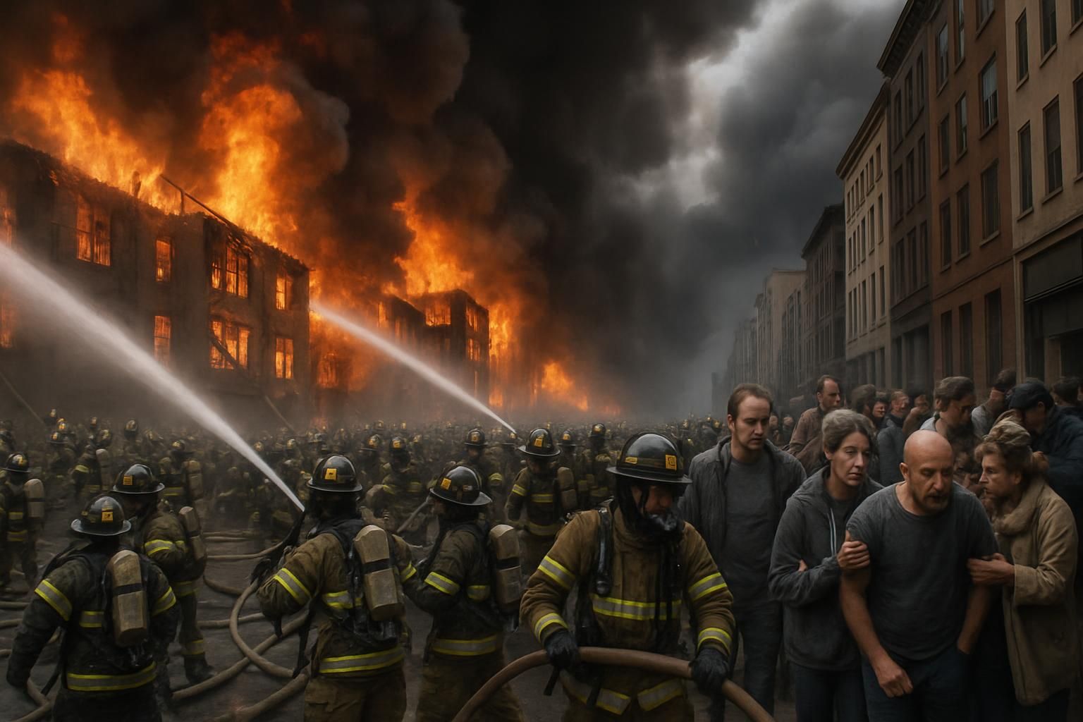 un incendie majeur mobilise des centaines de pompiers qui luttent contre des flammes dévastatrices, entraînant l'évacuation de nombreux résidents pour leur sécurité.