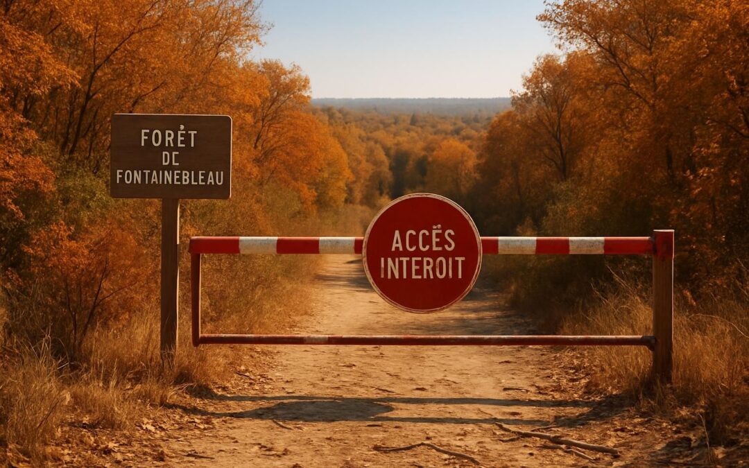 en raison d'un risque Ă©levĂ© d'incendie, l'accĂšs Ă la forĂȘt de fontainebleau est interdit pour une durĂ©e prolongĂ©e et sur une zone Ă©largie afin de protĂ©ger la nature et la sĂ©curitĂ© des visiteurs.