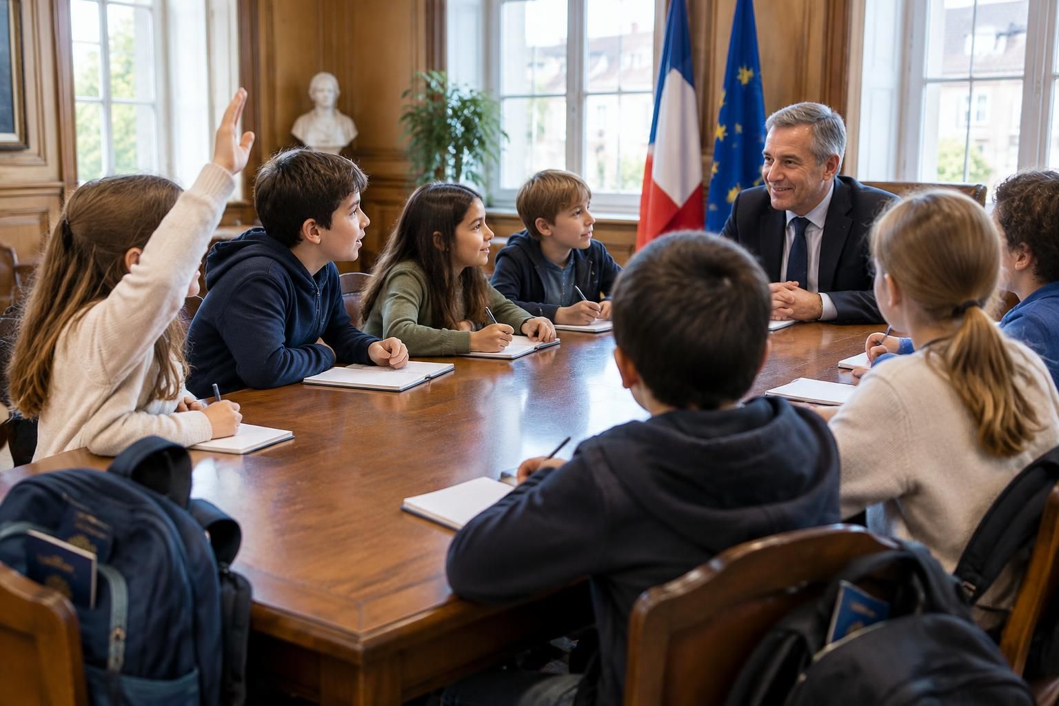 passeport en poche, les élèves de cm2 rencontrent le maire et l’interrogent sur son rôle, ses missions et la vie de leur commune.