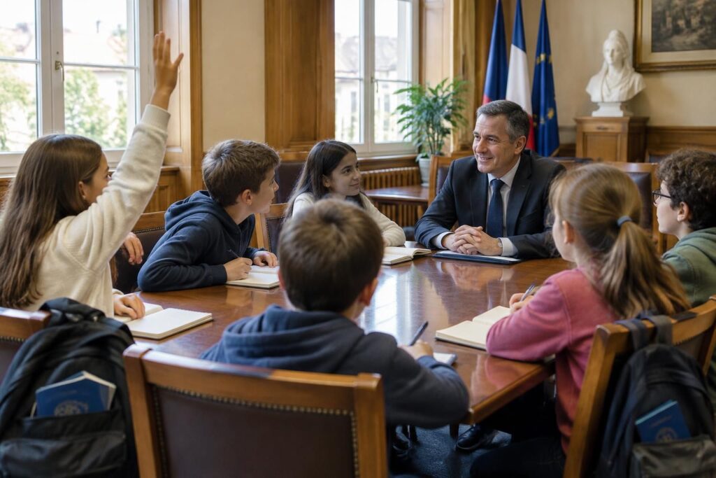 passeport en poche, les élèves de cm2 rencontrent le maire et l’interrogent sur la vie de la commune et le rôle des élus.