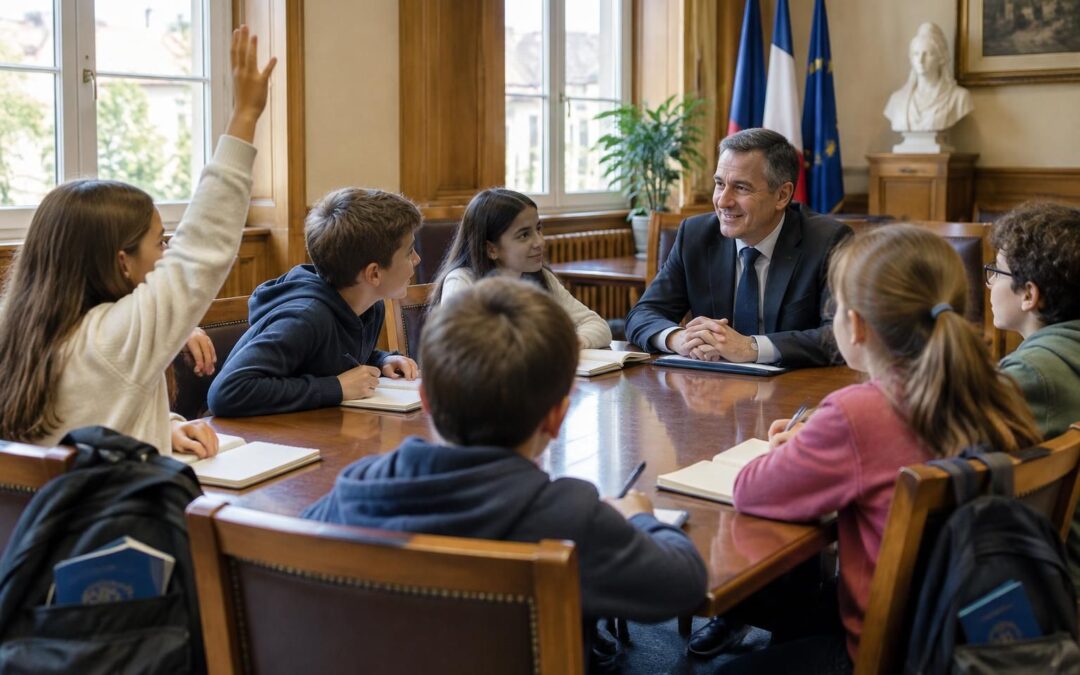 passeport en poche, les élèves de cm2 rencontrent le maire et l’interrogent sur la vie de la commune et le rôle des élus.