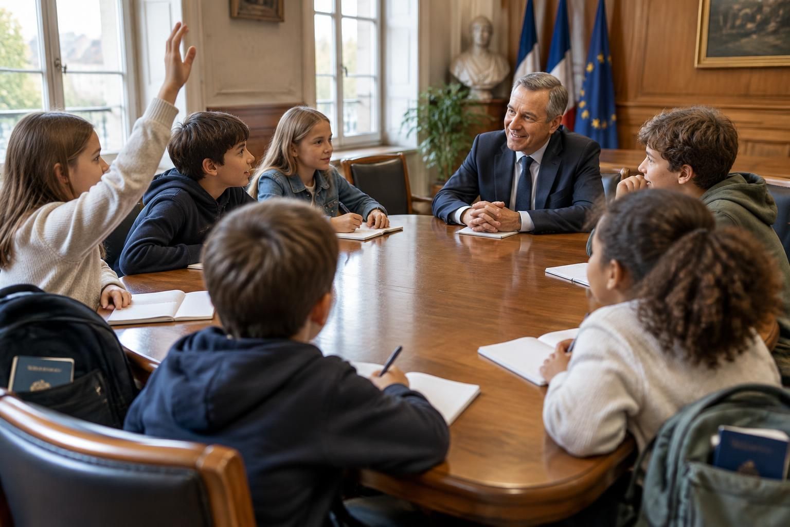 passeport en poche, les élèves de cm2 rencontrent le maire et lui posent leurs questions sur la vie de la commune.