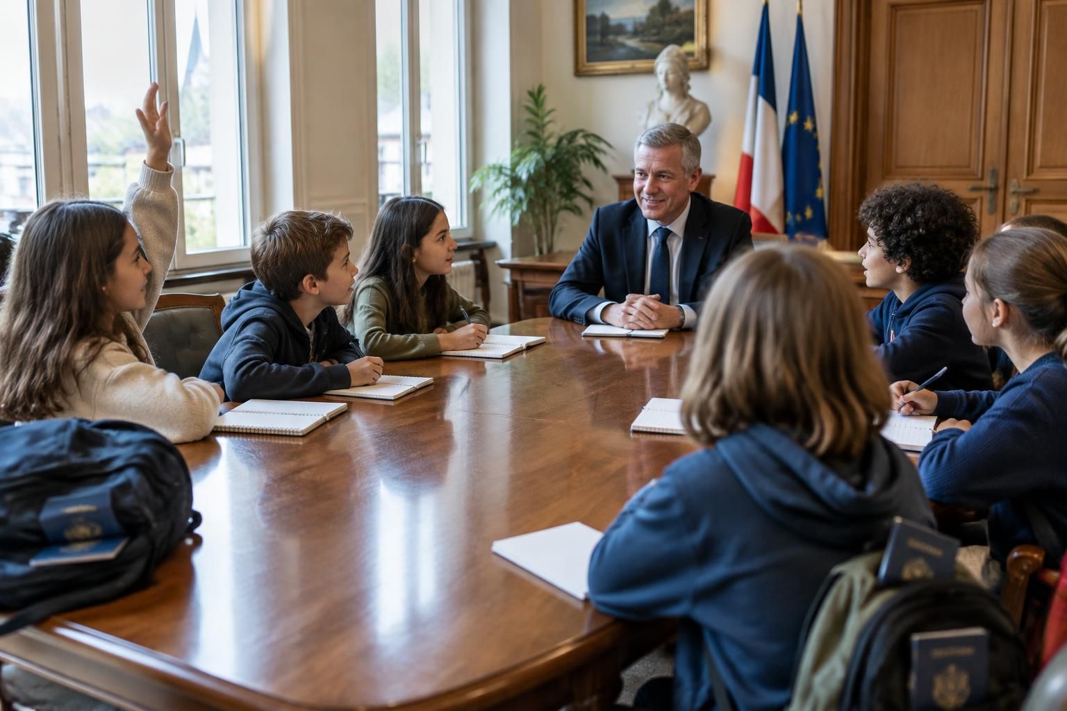 passeport en poche, les élèves de cm2 rencontrent le maire et lui posent leurs questions sur la vie de la commune et le rôle des élus.